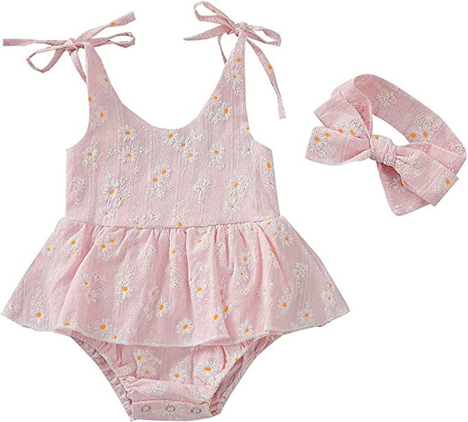 Baby Girls Daisy Playsuits Bodysuit+Headband Print Halter Romper Floral Jumpsuit Infant Summer Cl... | Amazon (US)