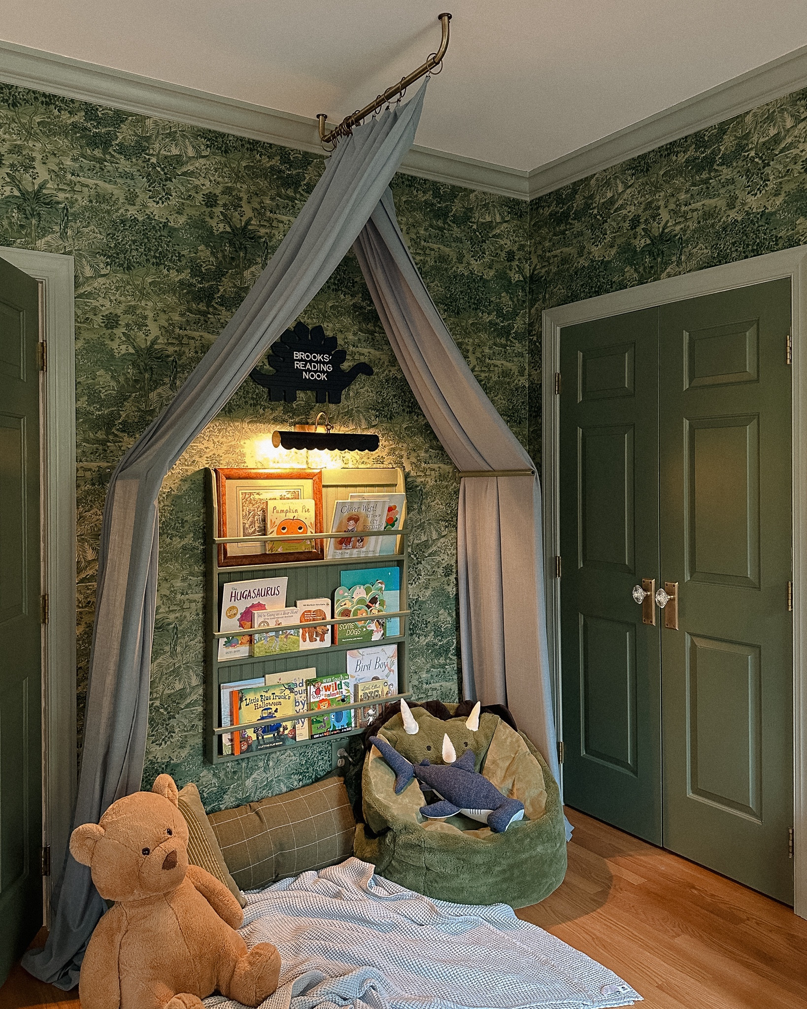 Playroom reading nook for kids - bean bag chair, bookshelf, wallpaper 

#LTKKids #LTKHome