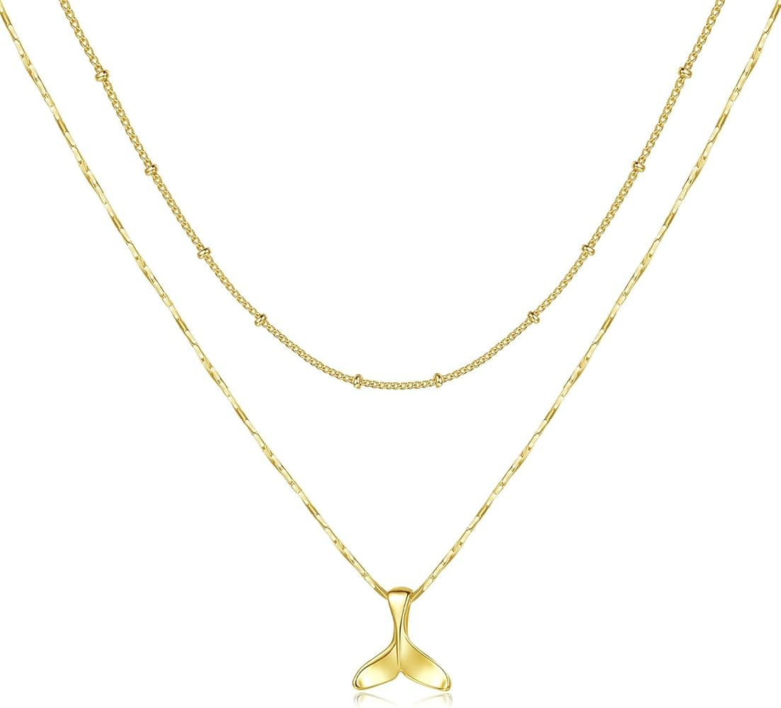 Gold Layered Necklaces for Women Dainty 14K Real Gold Plated Layering Necklace Bar Disc Fishtail ... | Amazon (US)