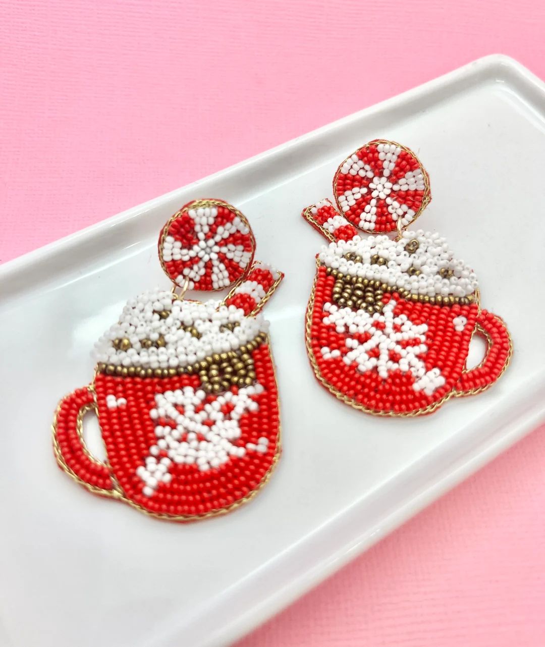 Peppermint Mocha Hot Chocolate Beaded Christmas Earrings - Etsy | Etsy (US)