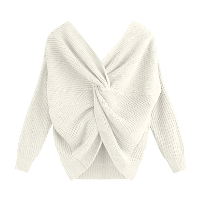 Dolkfu V Neck Sweaters for Women Winter Wrap Cropped White Backless Cross Cris Solid Sweater Shir... | Walmart (US)