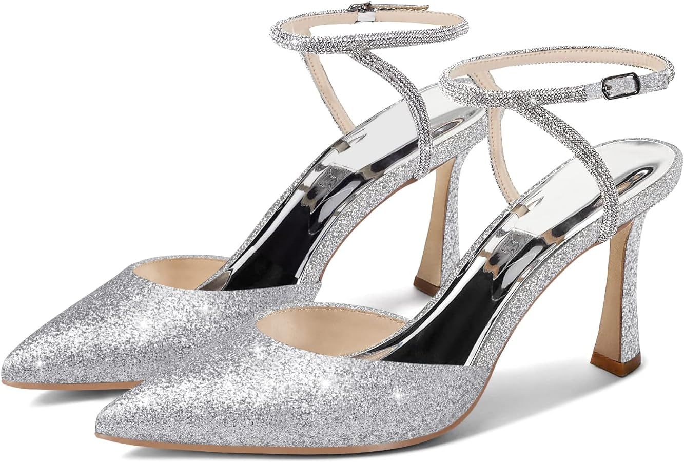 Coutgo Women Rhinestone Heels Kitten High Satin Pumps Pointed Toe Sparkly Sexy Wedding Dress Shoe... | Amazon (US)