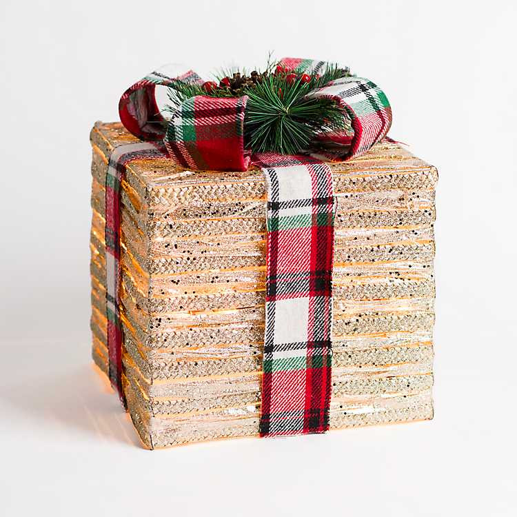 Pre-lit Gold Gift Box with Plaid Bow, 12 in. | Kirkland's Home