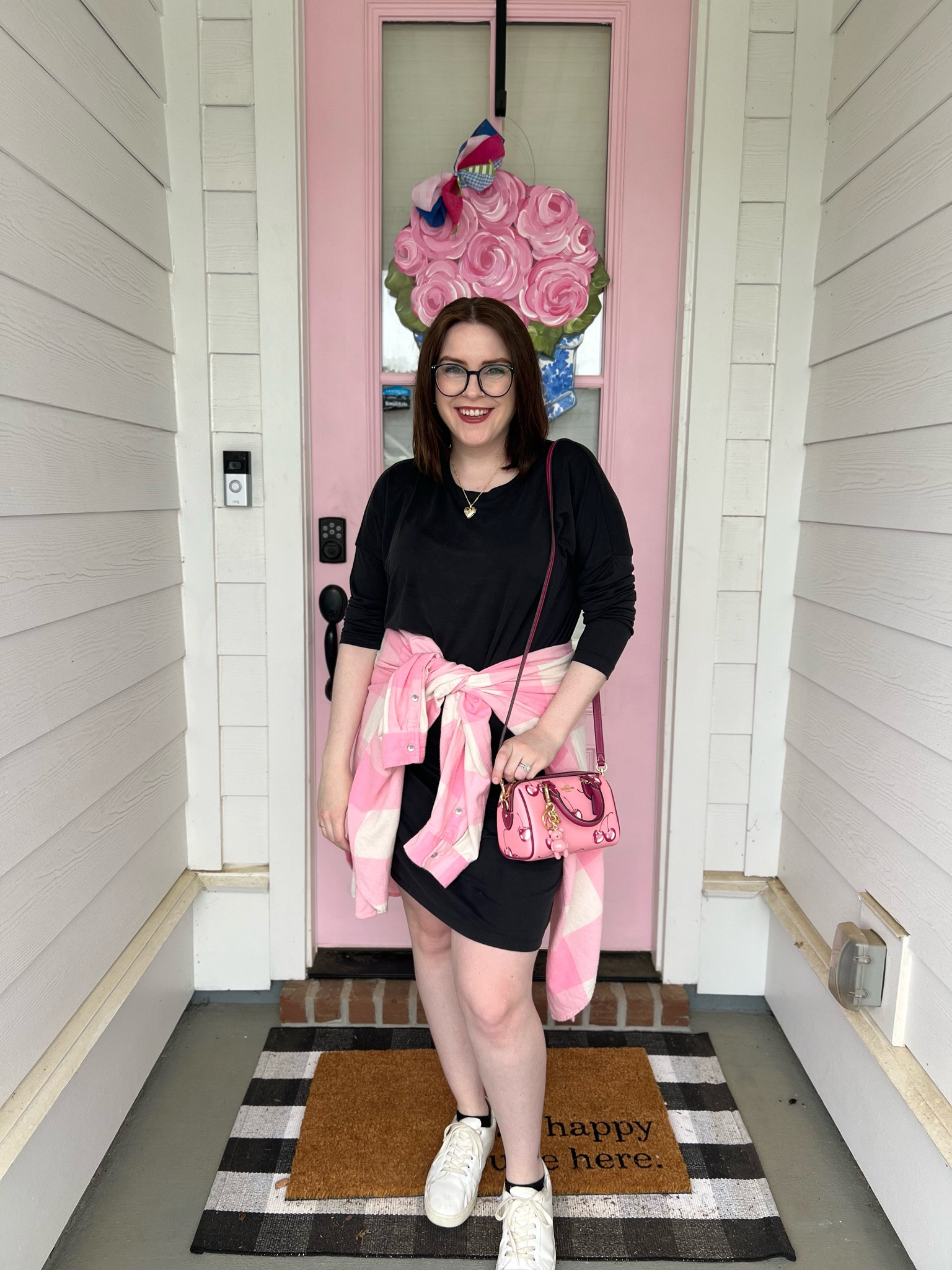 Black and Pink OOTD Vibes 💕🎀🖤🌸🍒 Wearing my Coach Mini Rowan in the cherry print and just pairing it off with a simple black dress and a pink flannel and white sneakers for some errand running this weekend! Best part is this dress is currently under $25! 

#LTKfindsunder50 #LTKmidsize