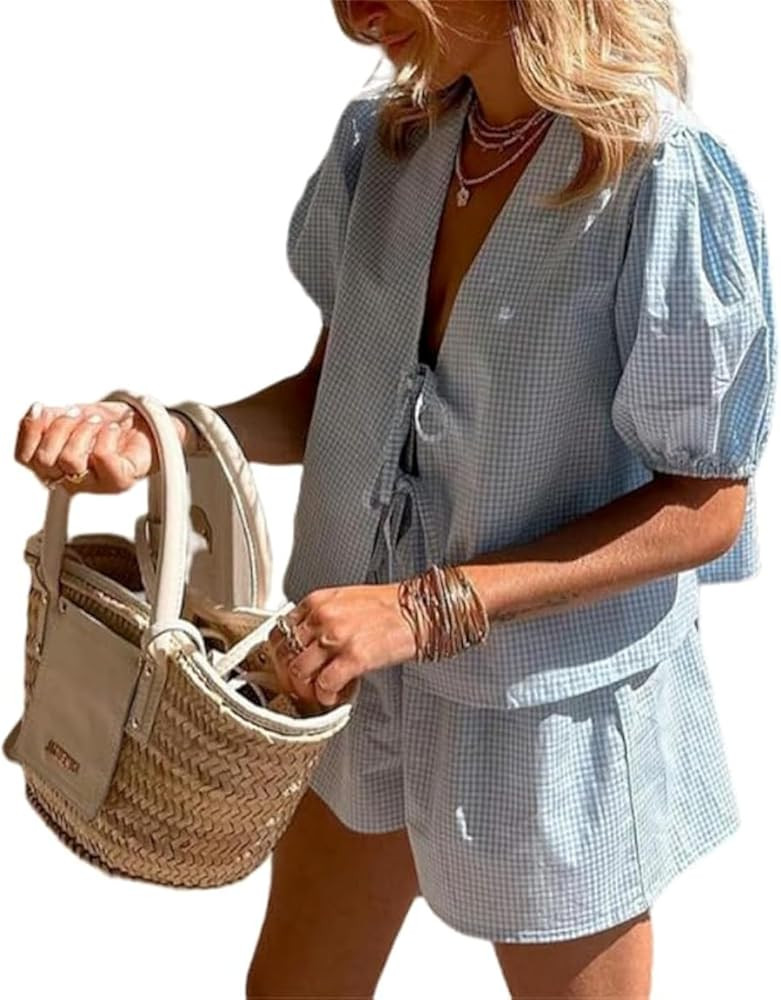 Yuemengxuan Women Y2k Peplum Shirt Shorts Two Piece Lounge Set Pajamas Puff Sleeve Tie Front Top ... | Amazon (US)