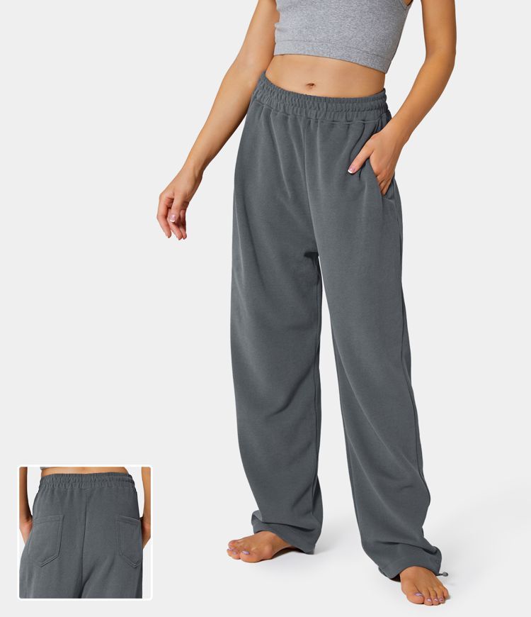 Women's Inside Drawstring Elastic Waist Side Pocket Cotton Wide Leg Sweatpants - HALARA | HALARA