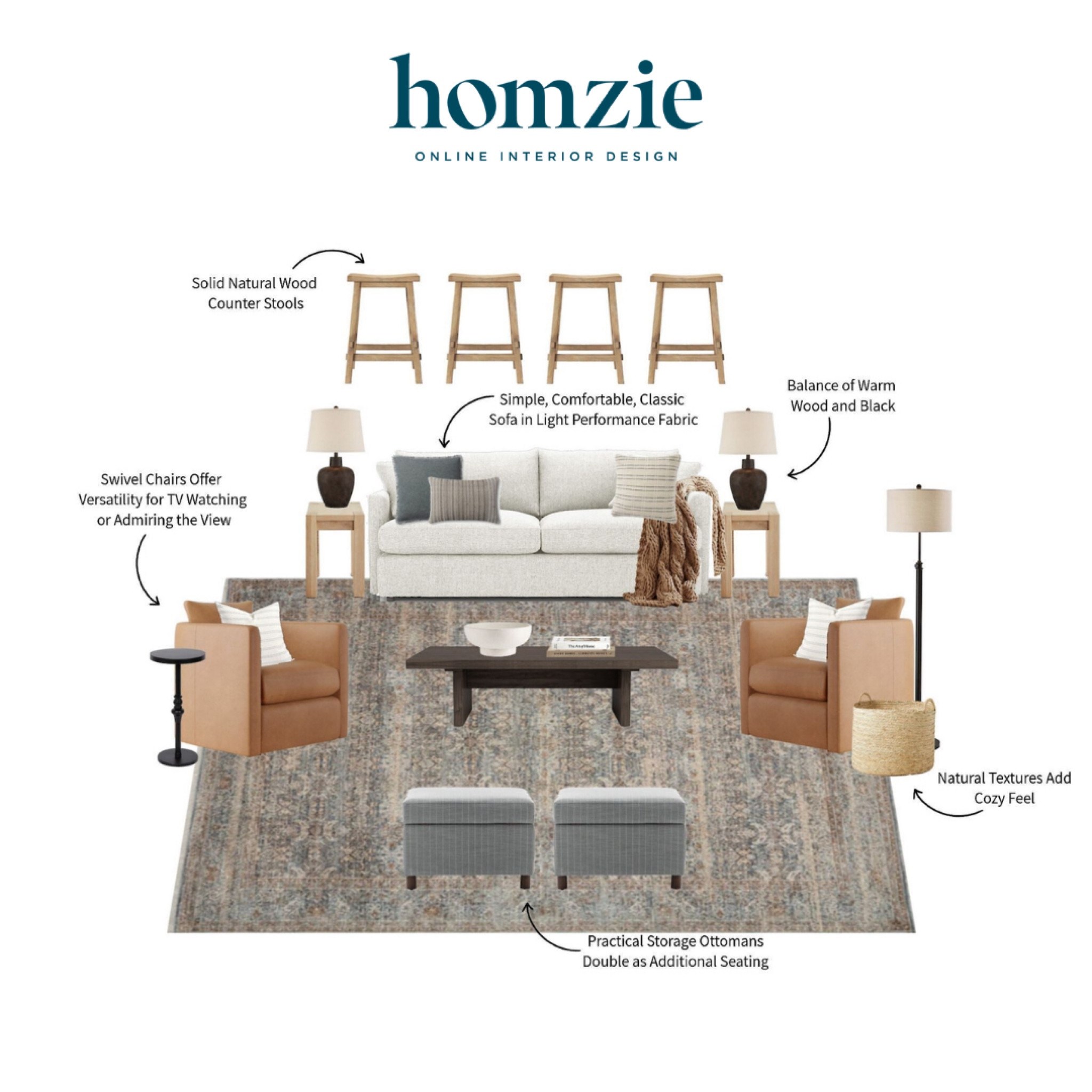 We loved designing this neutral modern classic living room for our virtual interior design client. This space features a white sofa with several shades of throw pillows, two swivel chairs that are functional for any event, many lamps and light fixtures, and a dark rug to contrast the bright pieces featured.

Work 1:1 with a Homzie virtual interior designer for a low flat-rate and receive a custom, shoppable decorating plan! - all online. Get started homziedesigns.com/work-with-us

#LTKFindsUnder50 #LTKHome #LTKFindsUnder100