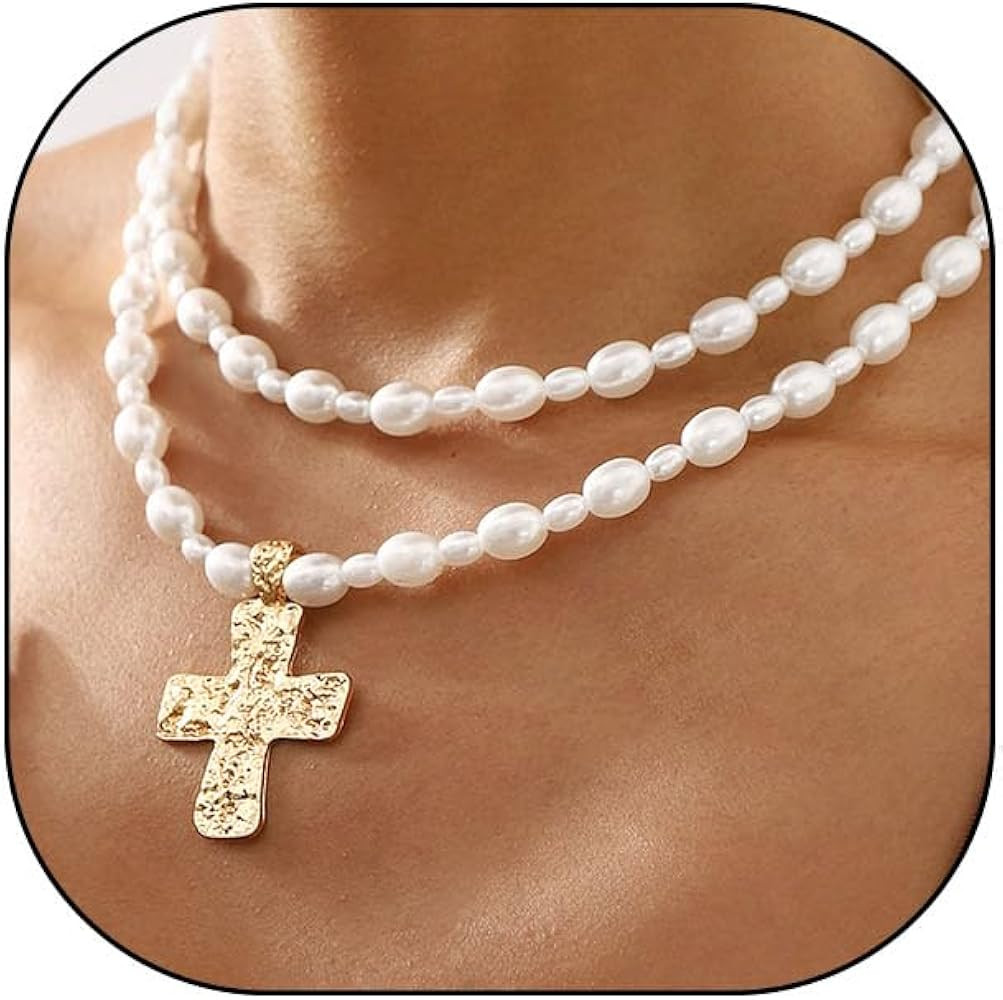 Baroque Pearl Beaded Cross Necklace Gold Y2K Chunky Cross Pendant Necklace Layered Pearl Beaded N... | Amazon (US)
