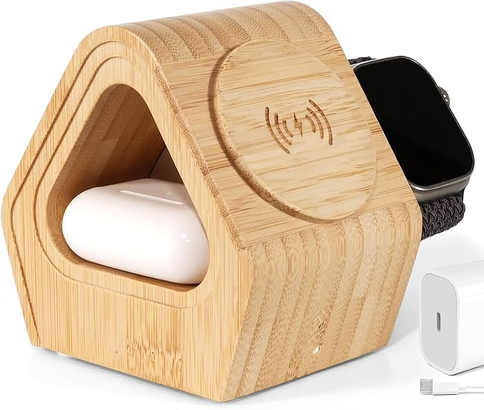 Bamboo Wireless Charging Station for Apple: 3-in-1 Charger Stand with Cabin Style for iPhone 17 16 15 14 13 12 Series,Watch 11-2, SE, Ultra, and AirPods 4-2, Pro, MagSafe Wireless Charger(20W Adapter) | Amazon (US)