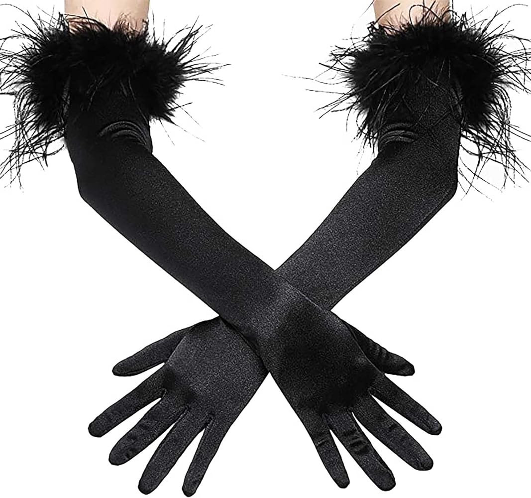 Acenail Black Feather Gloves Long Satin Gloves Opera Evening Gloves Elbow 1920s Gloves Wedding Gl... | Amazon (US)
