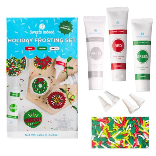 Sweets Indeed Christmas Cookie Decorating Kit – 11.31 oz | 3 Frosting Tubes (Red, Green & White) + 4 Decorating Tips + 2.5 oz Holiday Sprinkles for Christmas Cookies, Cupcakes & Cakes | Amazon (US)