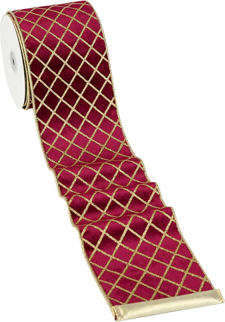 MAYREEL 4 Inch Burgundy and Gold Velvet Wired Ribbon Metallic Diamond Glitter Grid for Christmas ... | Amazon (US)