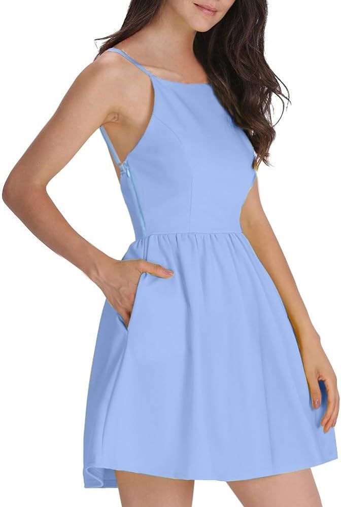 FANCYINN Women Short Dress Sexy Spaghetti Strap Backless Mini Casual Dress | Amazon (US)