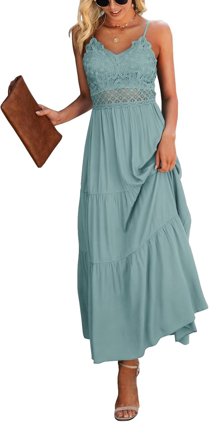 Dokuritu Women's Beach Crochet Lace Maxi Dress Solid Color Summer Vacation Spaghetti Strap Long D... | Amazon (US)