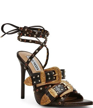 Saddle Studded Ankle Wrap Buckle Detail Stiletto Dress Sandals | Dillard's