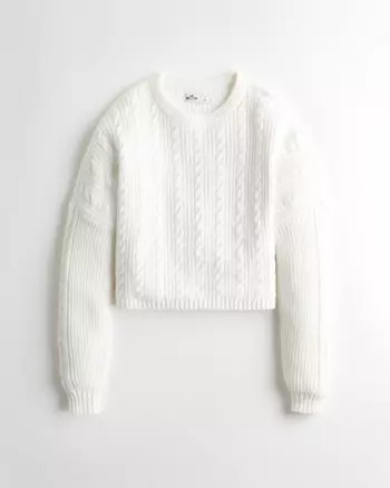 Crop Boyfriend Cable Crewneck Sweater | Hollister UK