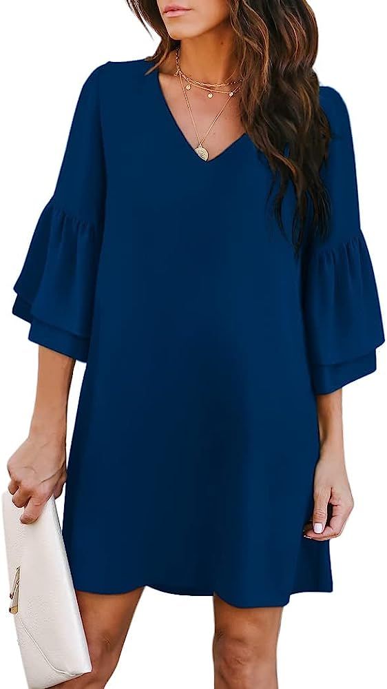 BELONGSCI Women's Dress Sweet & Cute V-Neck Bell Sleeve Shift Dress Mini Dress | Amazon (US)