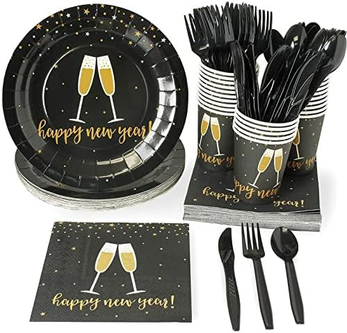 New Year's Eve Party Bundle, Includes NYE Plates, Napkins, Cups, Cutlery (24 Guests,144 Pieces) | Amazon (US)