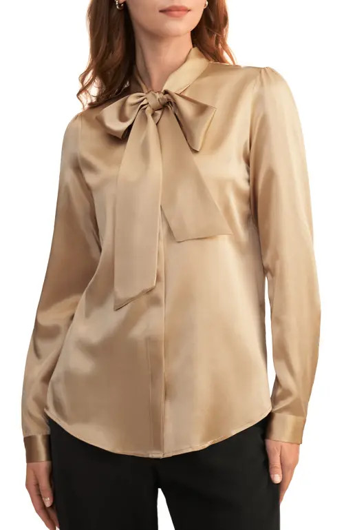 Lilysilk Bow-tie Neck Silk Blouse in Light Camel at Nordstrom, Size Small | Nordstrom
