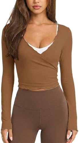 Womens Ballet Wrap Tops Cropped Long Sleeve Self Tie Front Shirt Y2K Workout Yoga Pilates Dance C... | Amazon (US)