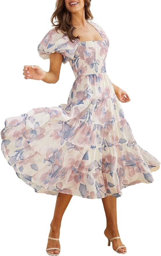Sissyaki Women's Summer Boho Floral Print Midi Dress Square Neck Tiered Flowy Beach Long Dress | Amazon (US)