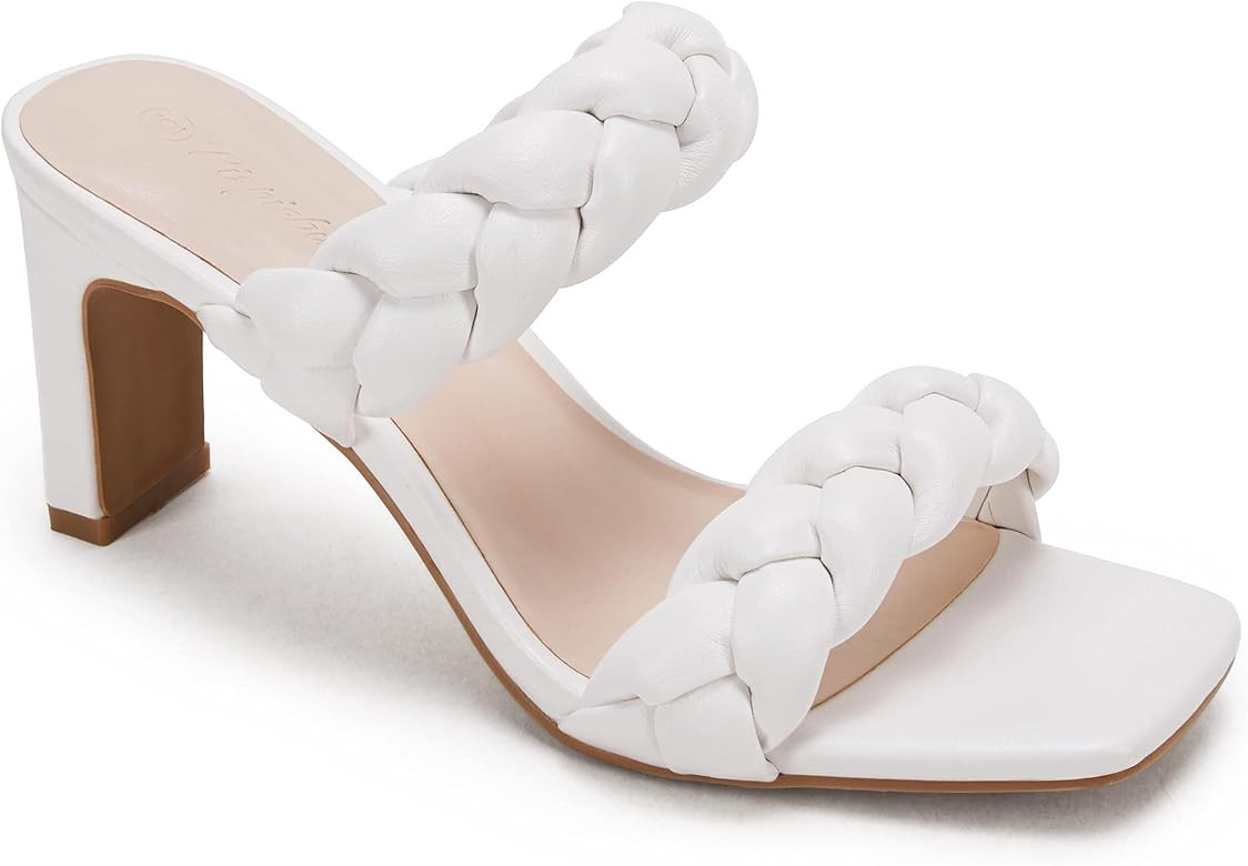 PiePieBuy Womens Square Toe Braided Chunky Heeled Sandals Two Strap Backless Pumps Shoes | Amazon (US)