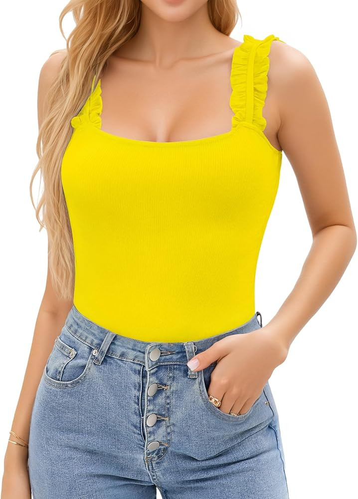 HERLOLLYCHIPS Sexy Tank Tops for Women Square Neck Ruffle Strap Ribbed Knit Tight Stretchy Sleeve... | Amazon (US)
