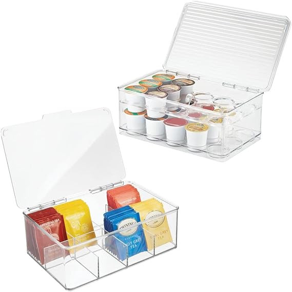 mDesign Stackable Kitchen Box Organizers for Coffee Pods, Tea Bags - Set of 2, Divided, Clear | Amazon (US)