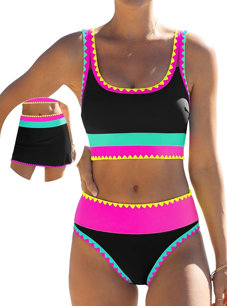 popvil High Waisted Bikini Sets for Women Tummy Control Swimsuits 3 Piece Bathing Suits Neon Swim... | Amazon (US)