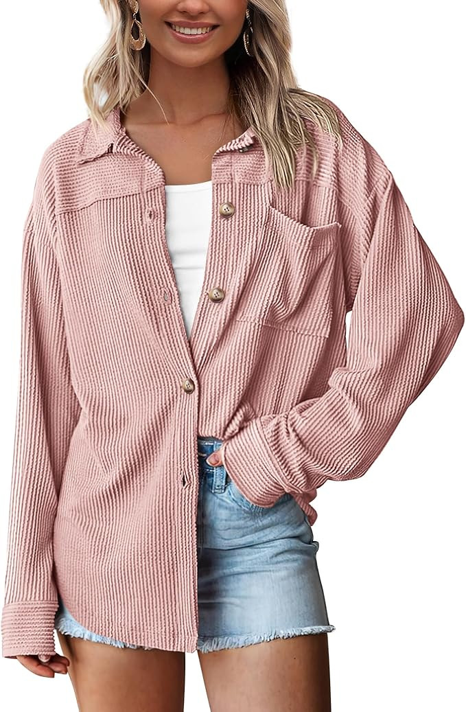 PRETTYGARDEN Women’s Tops Button Down Shirts Fall Long Sleeve Shacket Jacket Loose Ribbed Knit ... | Amazon (US)