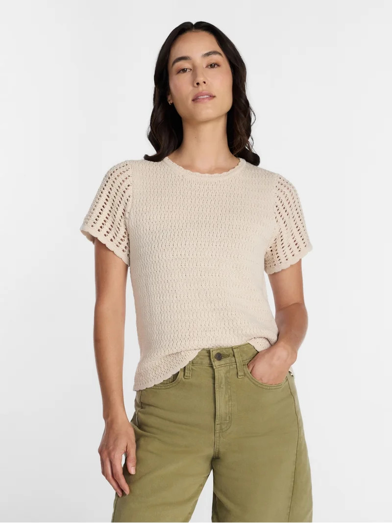 Time and Tru Women's Textured Crewneck Sweater with Short Sleeves, Lightweight, Sizes XS-XXXL | Walmart (US)