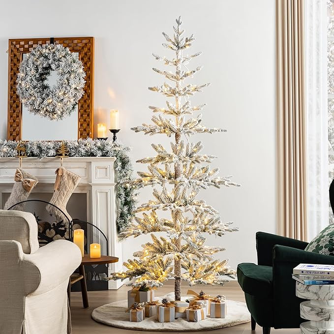 Glitzhome 7ft Deluxe Pre-Lit Flocked Artificial Christmas Tree Serene Snowscape Fir for Home, Off... | Amazon (US)
