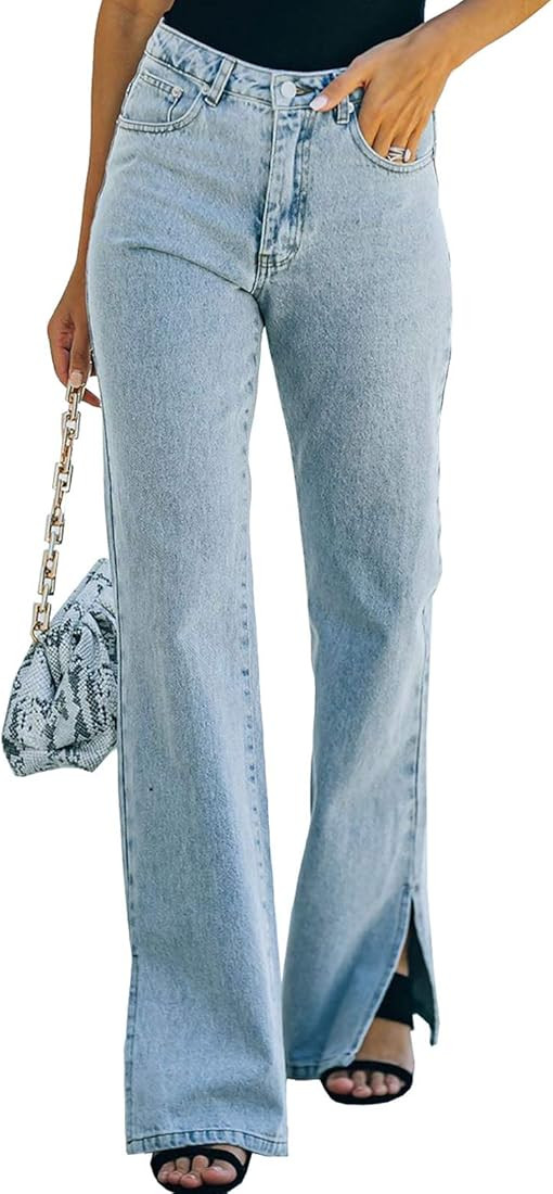 Sidefeel Women Distressed High Waist Wide Leg Jeans Denim Pants | Amazon (US)