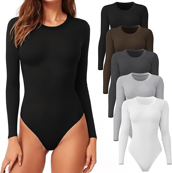CE' CERDR Women's 4/5 Pack Round Neck Long Sleeve Bodysuits Basic Stretch Body Suit Top | Amazon (US)