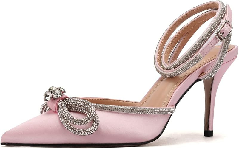 Amazon.com | Arqa Women's Rhinestone Bow Heels Ankle Strap Slingback Pumps Satin Wedding Stiletto... | Amazon (US)