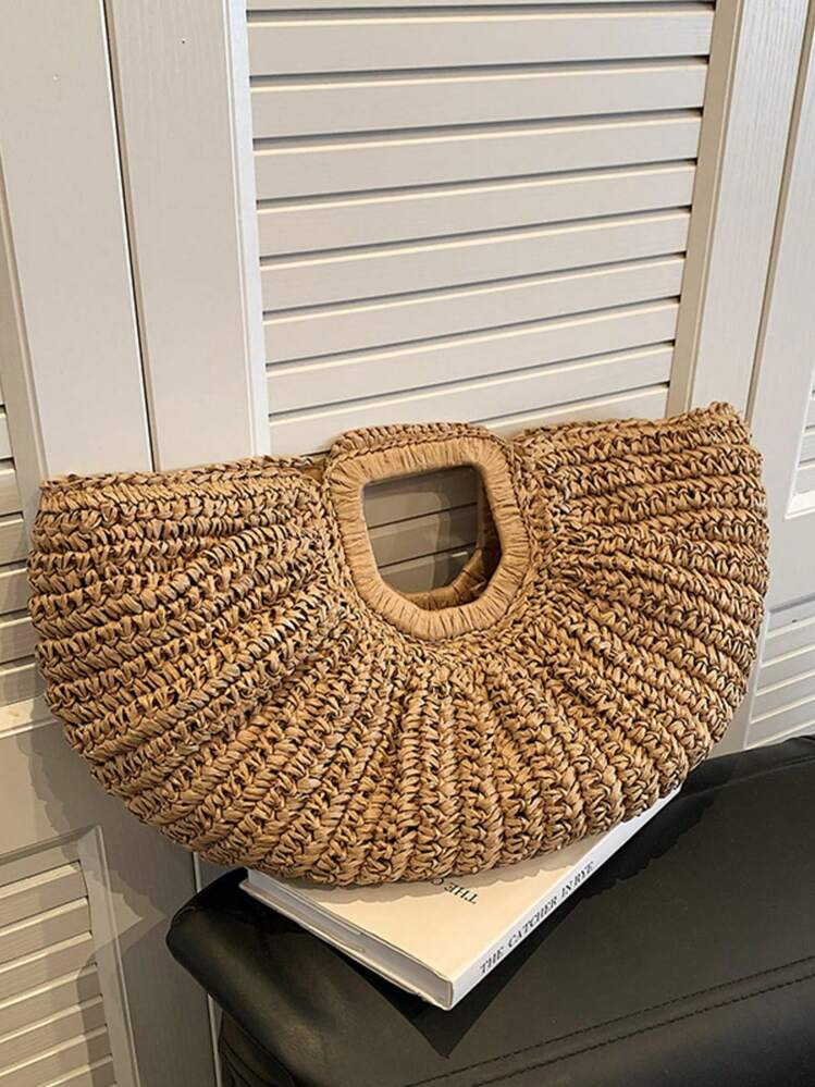 1pc Khaki Large Capacity Tote Bag, Woven Open Top Round Straw Bag, Perfect For Travel, Holiday, Beach | SHEIN