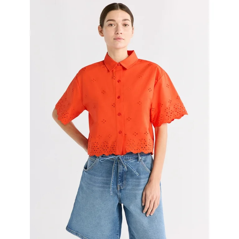 Free Assembly Women's and Women's Plus Cropped Cotton Eyelet Shirt, Sizes XS-4X | Walmart (US)