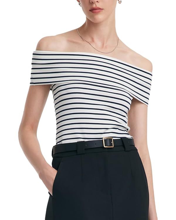 Women's Off Shoulder Short Sleeve Blue Stripe Knit T Shirt 2024 Dressy White Slim Fit Business Ca... | Amazon (US)
