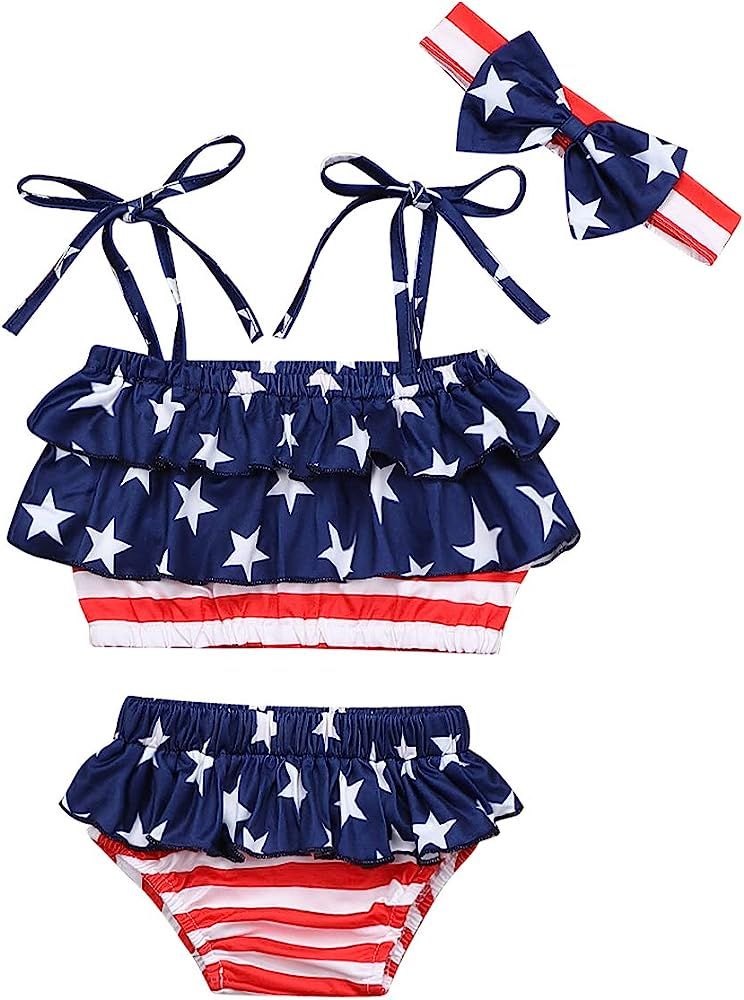4th of July Infant Baby Girl Swimsuit Ruffle Stars Strap Top and Bikinis Skirt with Headband 3 Pi... | Amazon (US)