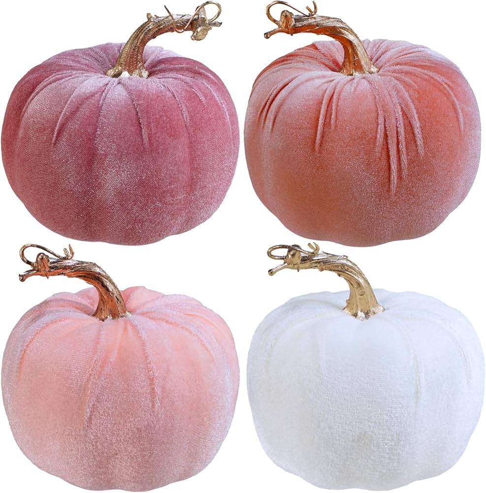 Winlyn Set of 4 Faux Pink Velvet Pumpkins Gold Stemmed Pumpkins Blush Coral Pink Peach Cream Deco... | Amazon (US)