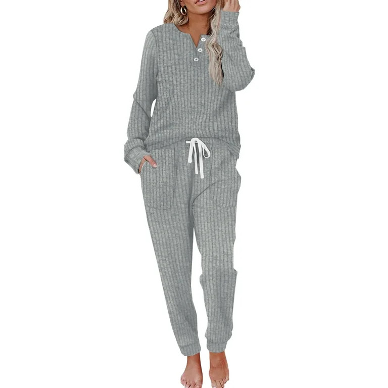 MOSHU Two Piece Womens Pajama Sets Button Down Shirts and Drawstring Pants with Pockets Solid Lou... | Walmart (US)