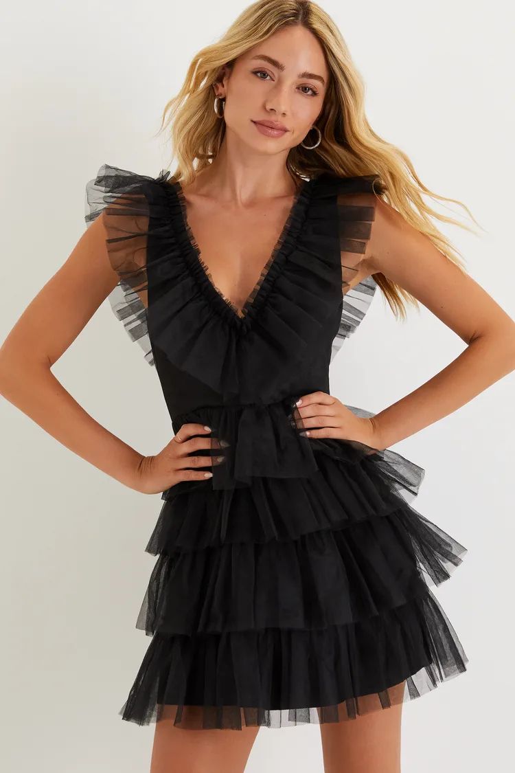 Striking Sensation Black Tulle Tiered Ruffled Mini Dress | Lulus