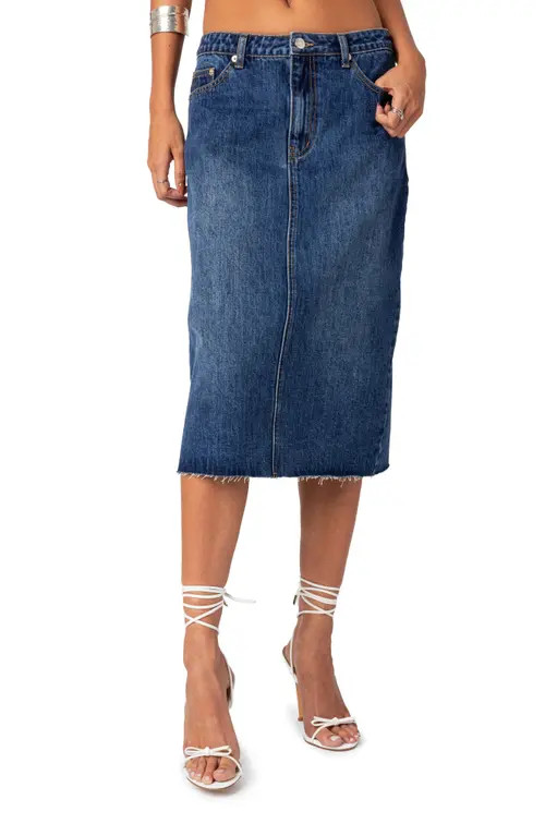 EDIKTED Mirah Raw Hem Denim Midi Skirt in Dark-Blue-Washed at Nordstrom, Size Medium | Nordstrom