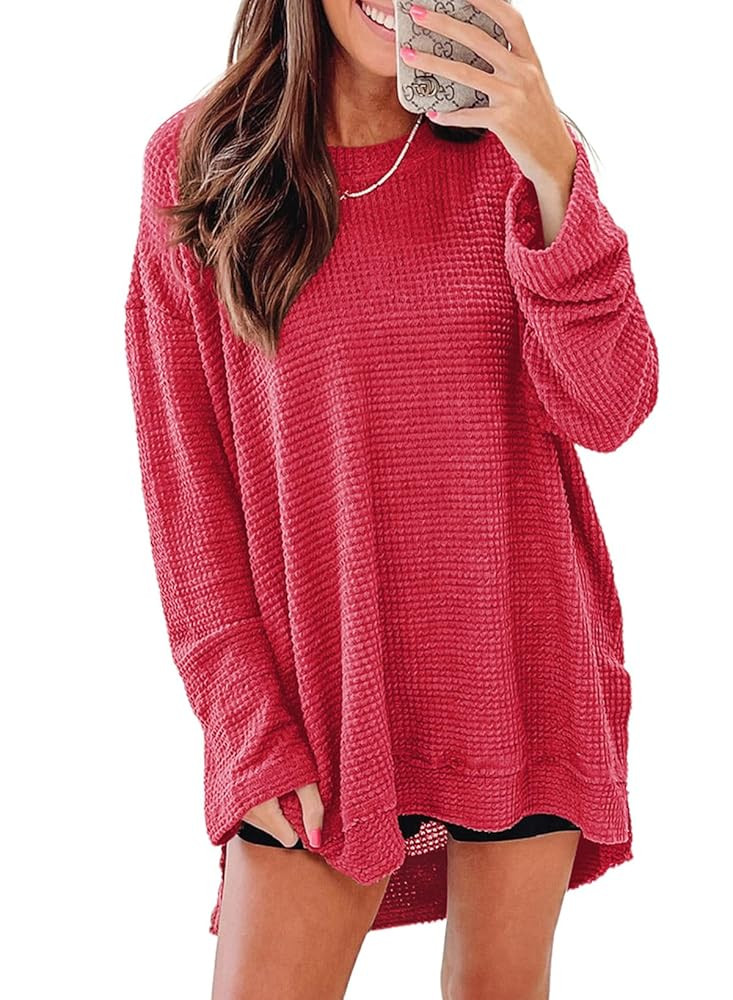 SHEWIN Long Sleeve Shirts For Women Oversized Sweatshirt Crewneck Waffle Knit Fall Tops for Women... | Amazon (US)