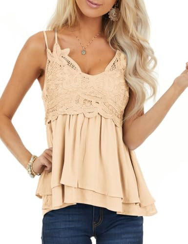 Feager Women's Lace Tank Tops Summer Chiffon Spaghetti Strap Cami Sleeveless Shirts Babydoll Tops | Amazon (US)