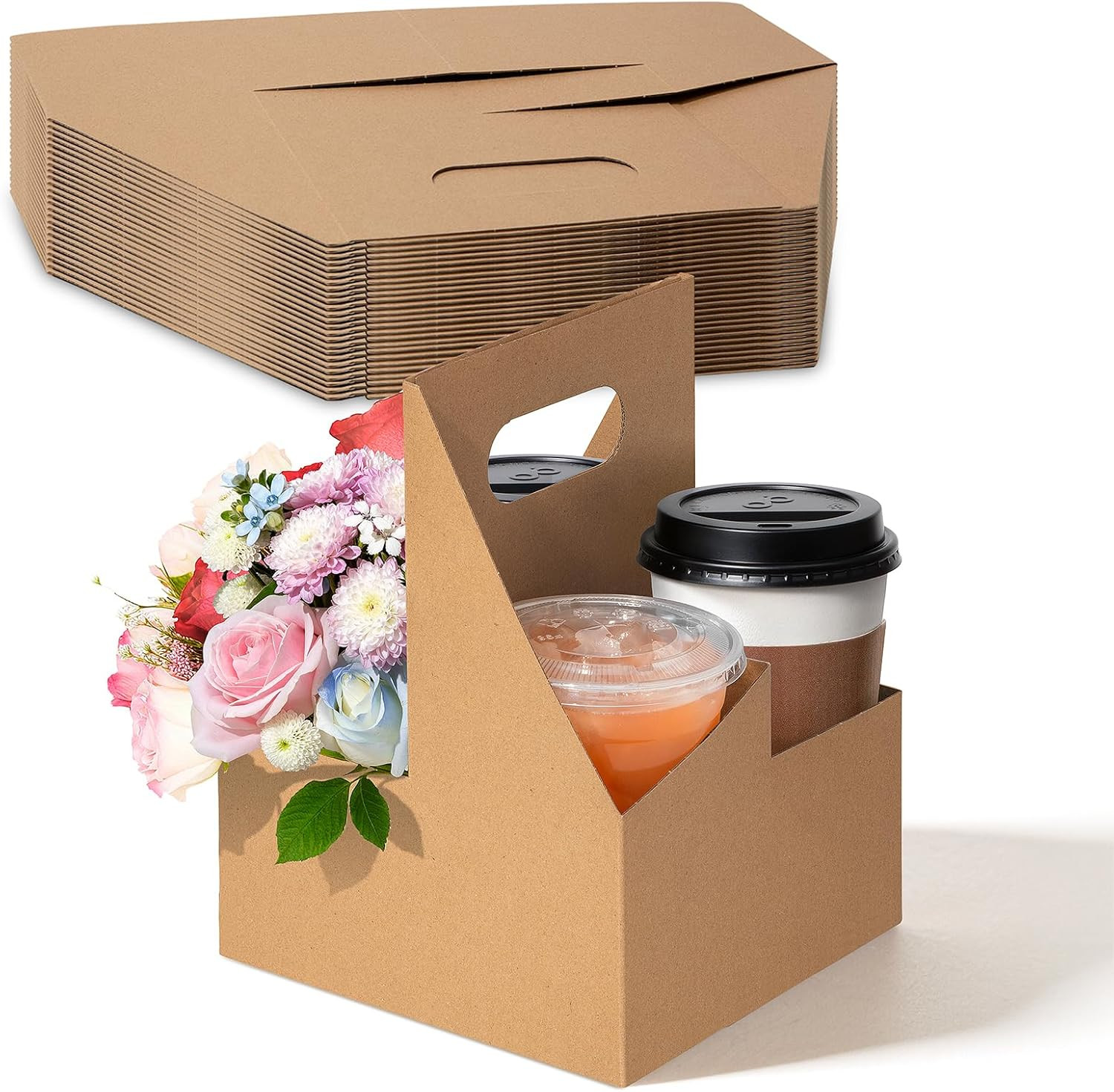 Amazon.com: FMP Brands 4 Cup Disposable Drink Carrier with Handle, 25 Pack Kraft Paperboard Handl... | Amazon (US)