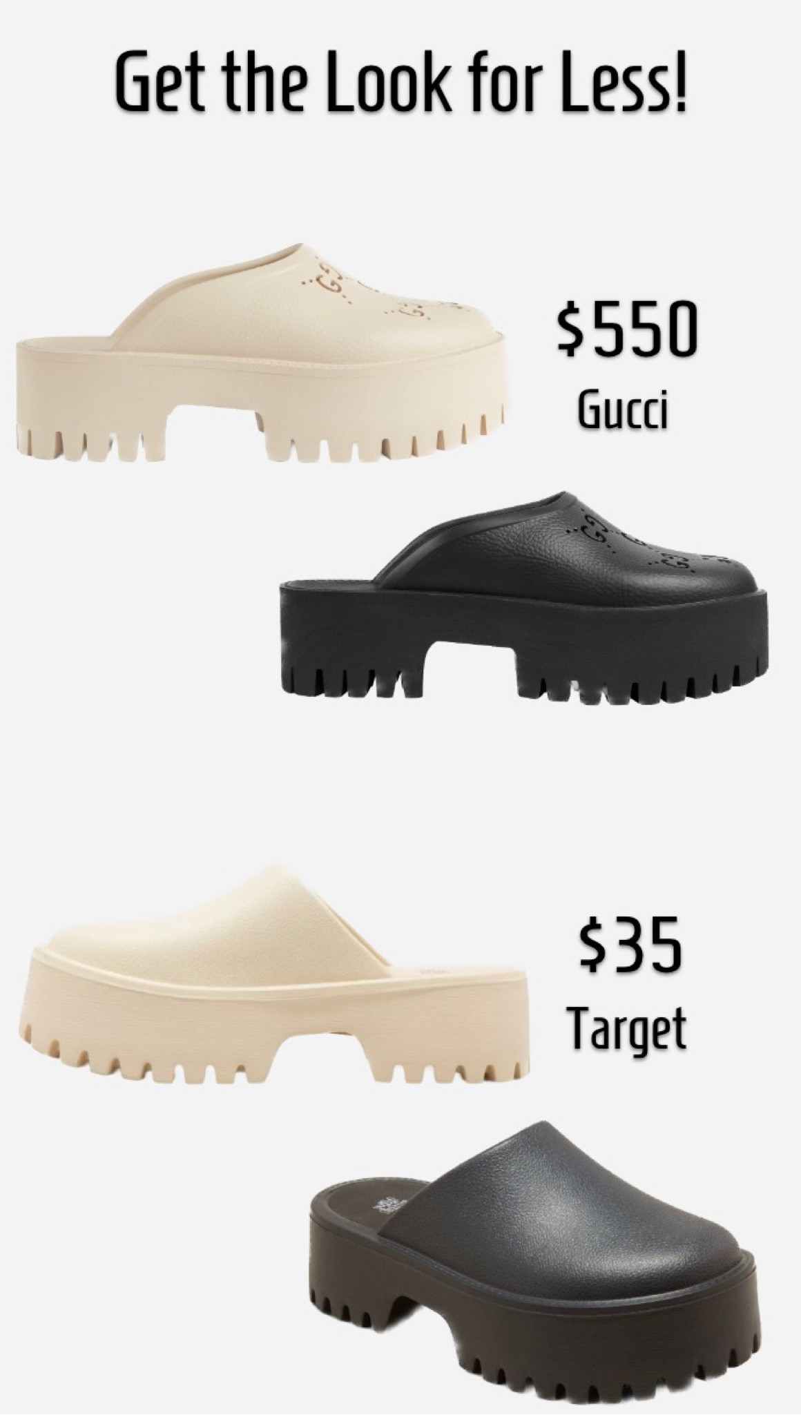 The Gucci Women's platform perforated G sandal is so popular right now, and Target has a cute similar rubber mule! Gucci and Target options come in 3 colors. I also linked a Jeffrey Campbell Lugged Platform Clog, which comes in 6 colors including bright options! Gucci mules, Gucci clogs, Gucci dupe, spring shoes, clogs under $40, clogs under $100, best spring shoes, easter shoes, comfortable shoes, platform shoes mules under $50 Clogs under $50

#LTKstyletip #LTKunder50 #LTKshoecrush