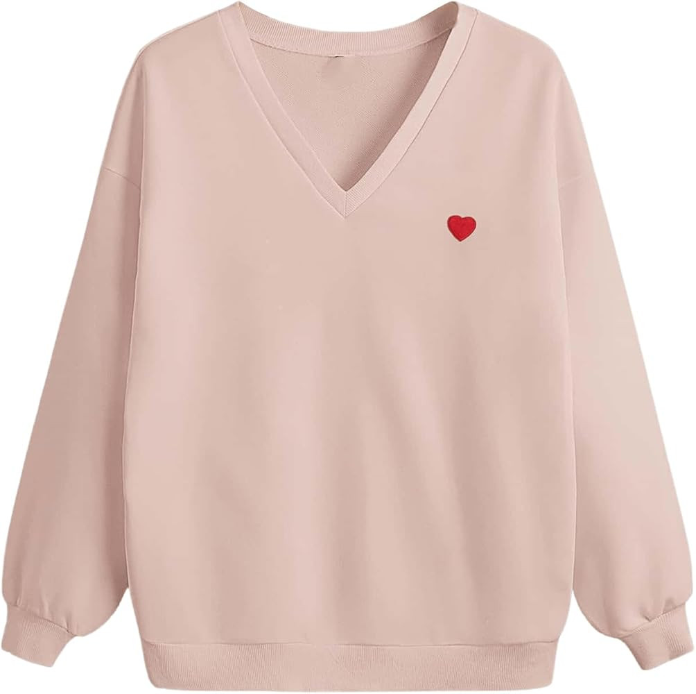 SweatyRocks Women's Heart Graphic V Neck Long Sleeve Sweatshirt Drop Shoulder Pullover Top | Amazon (US)