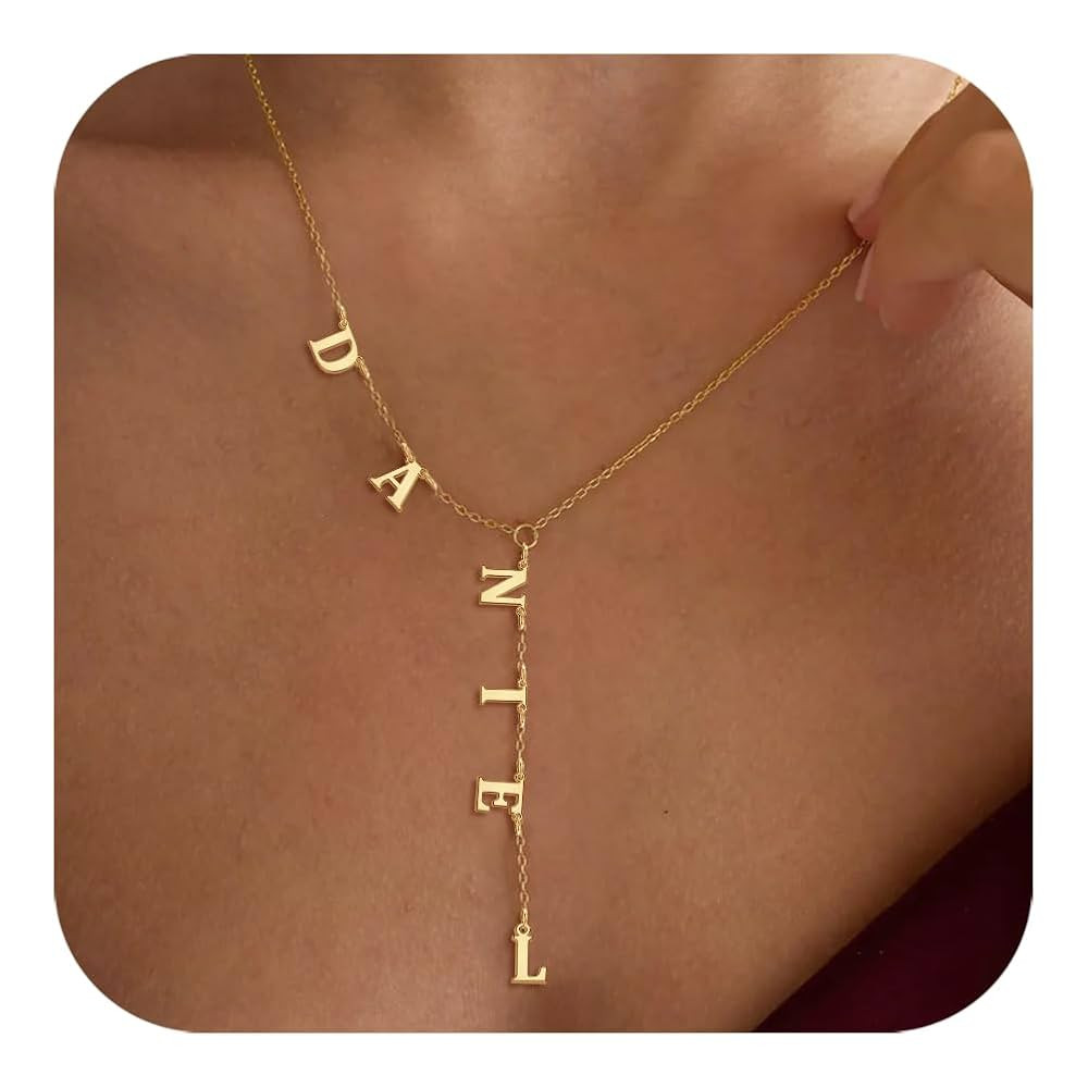 Lariat Name Necklace for Women, Personalized 18K Gold Long Y-Shaped Necklace Pendant with Letter ... | Amazon (US)