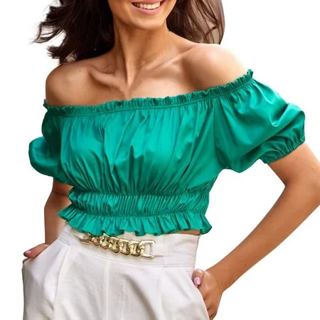 HAJGJP Women Plus Size Tops Women Short Sleeve Off Shoulder Puff Sleeve Shirred Short Tops Green M | Walmart (US)